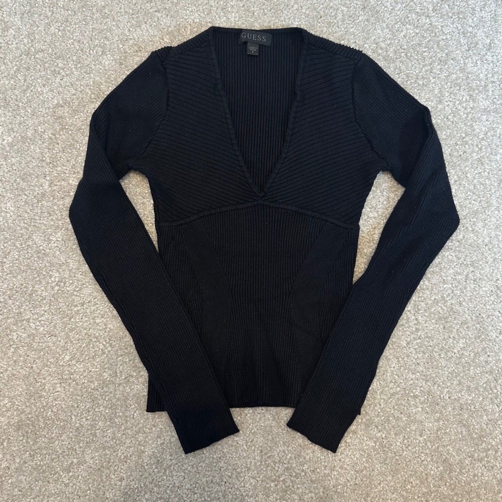GUESS‎ Black Ribbed V-Neck Long Sleeve Sweater Gold G Logo Small